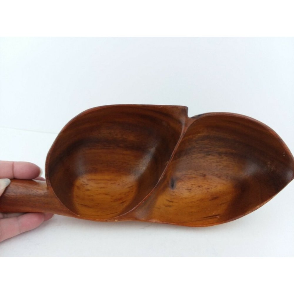 Wooden Bowl Two Compartments Signed Leaf